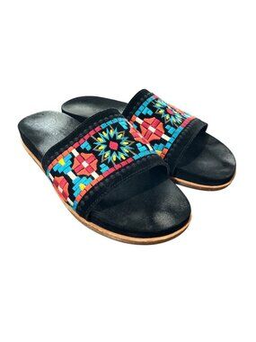 Johnny Was Womens Size 9 Embroidered Flat Slide Sandals Black Suede Leather